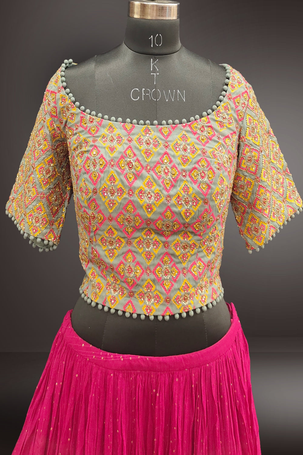 Wide Shoulder Neck Dark Pink and Gray Lehenga