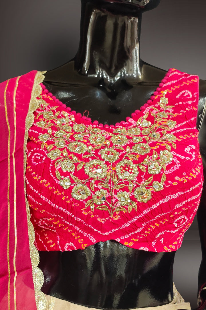 Bhandani Printed Mirror Work Silk Lehenga