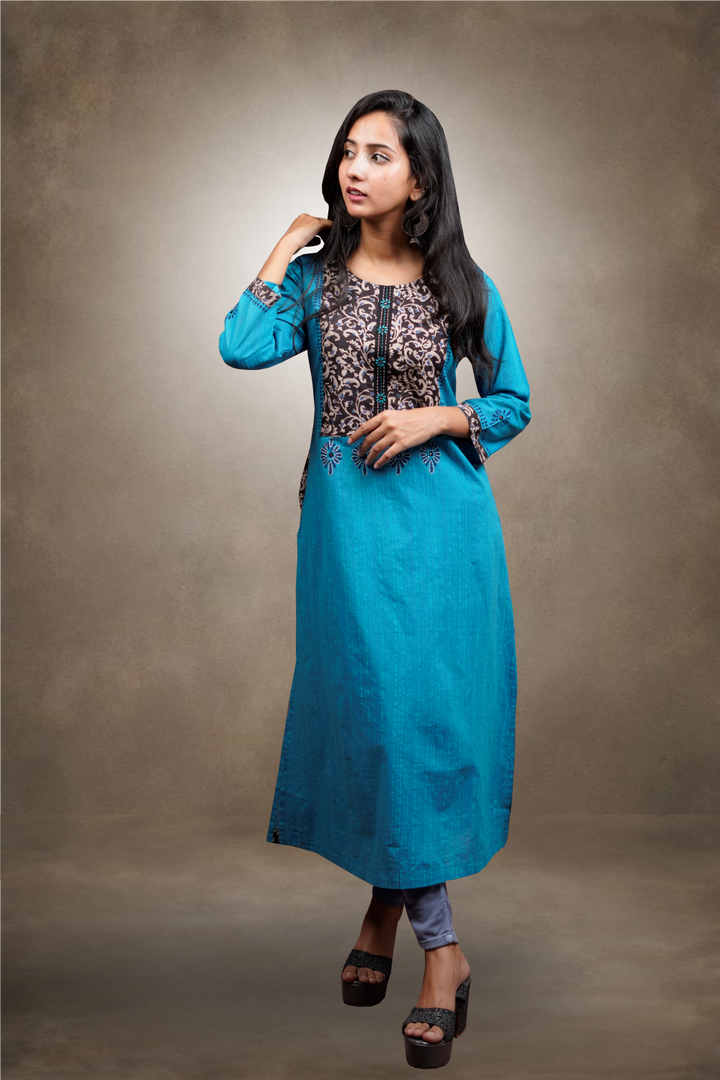 Blue Color Cotton Handloom Printed Straight Cut Kurtie