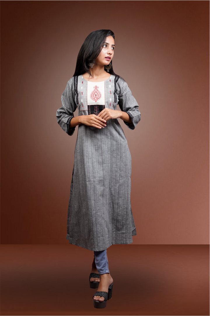 Grey Color Cotton Handloom Straight Cut Kurtie