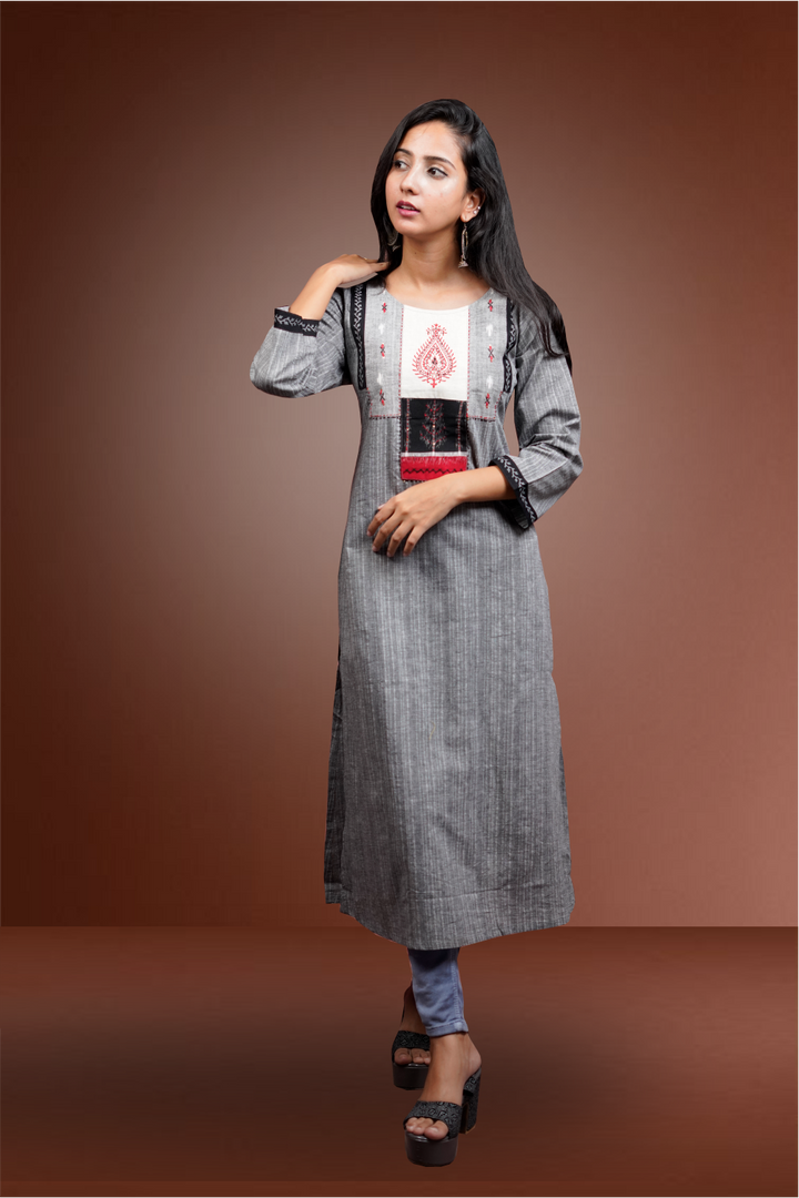 Grey Color Cotton Handloom Straight Cut Kurtie