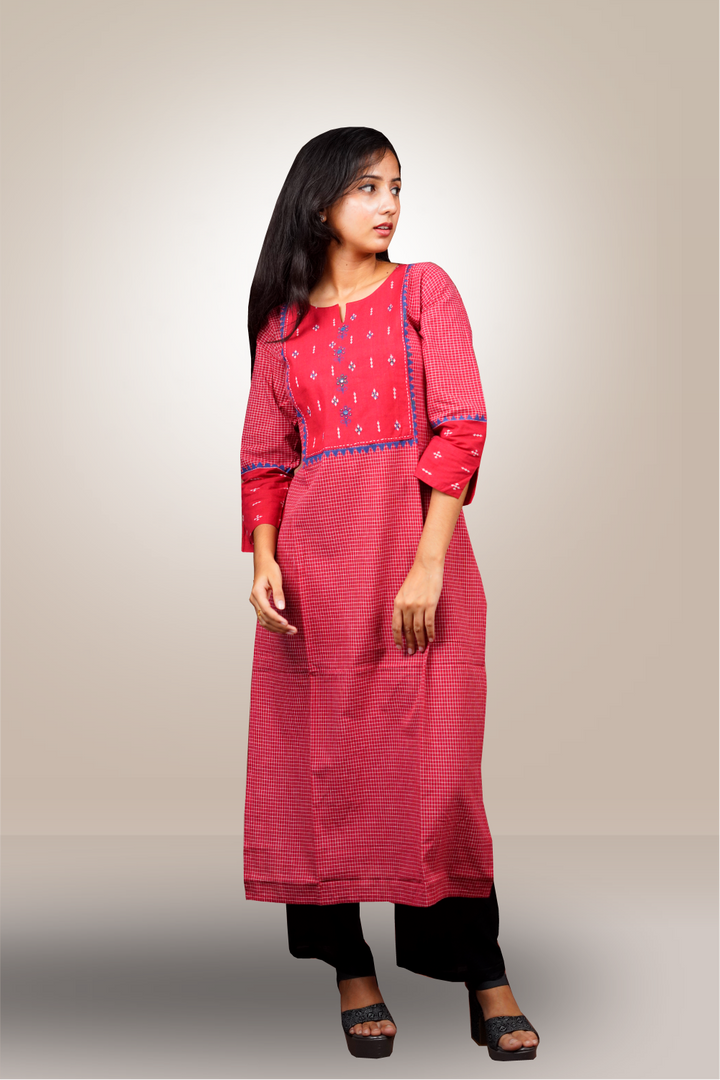 Red Color Cotton Handloom Straight Cut Kurtie