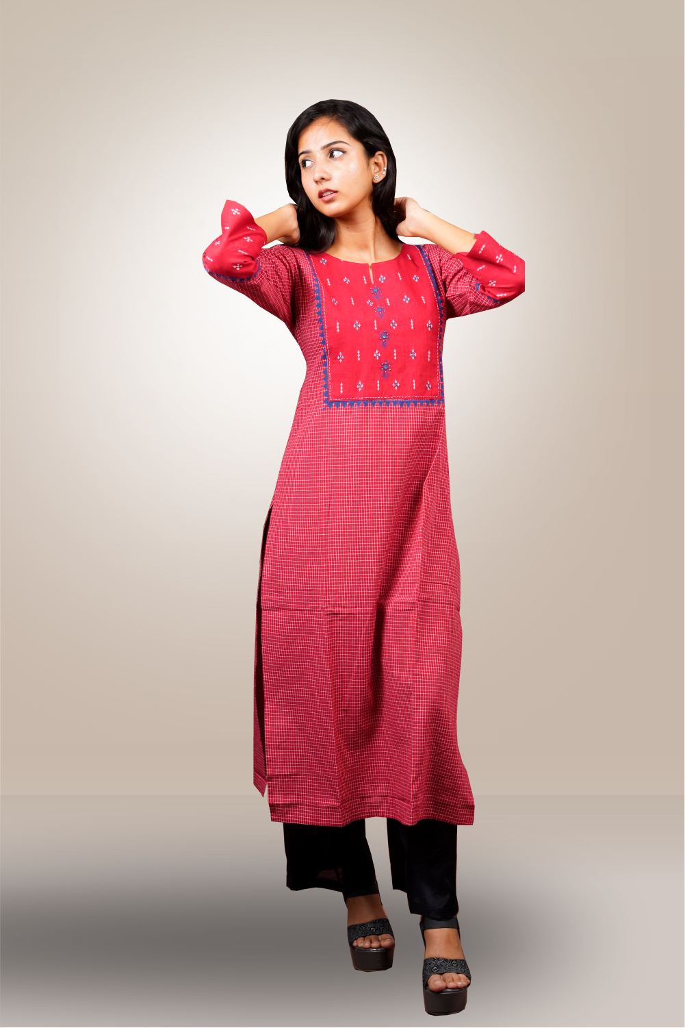 Red Color Cotton Handloom Straight Cut Kurtie