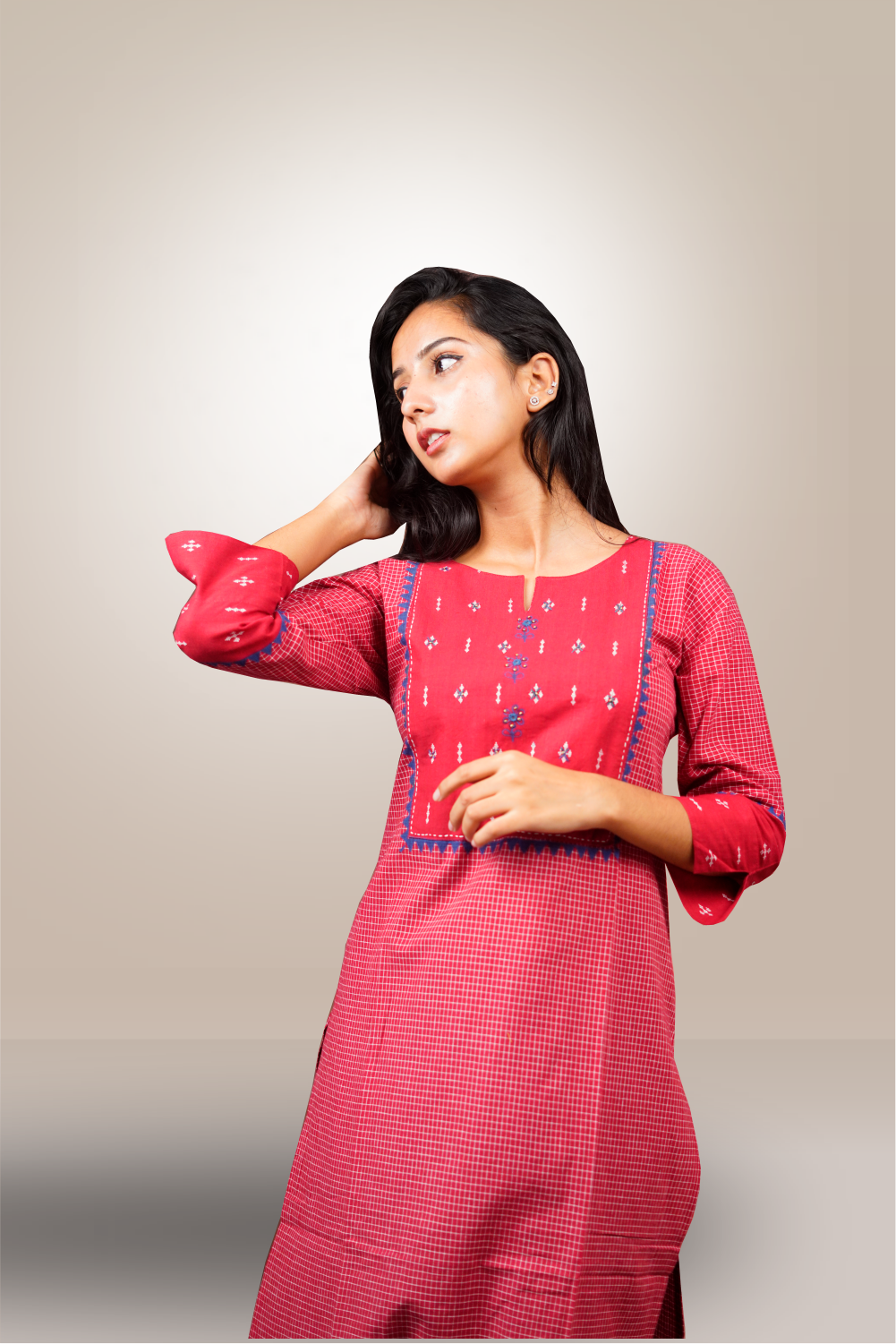 Red Color Cotton Handloom Straight Cut Kurtie