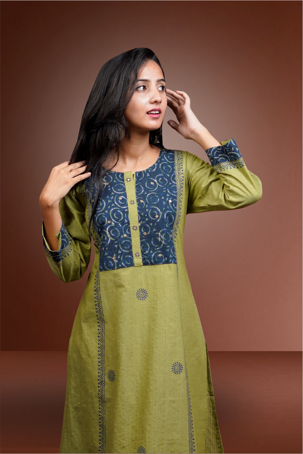 Green Color Cotton Handloom Straight Cut Kurtie