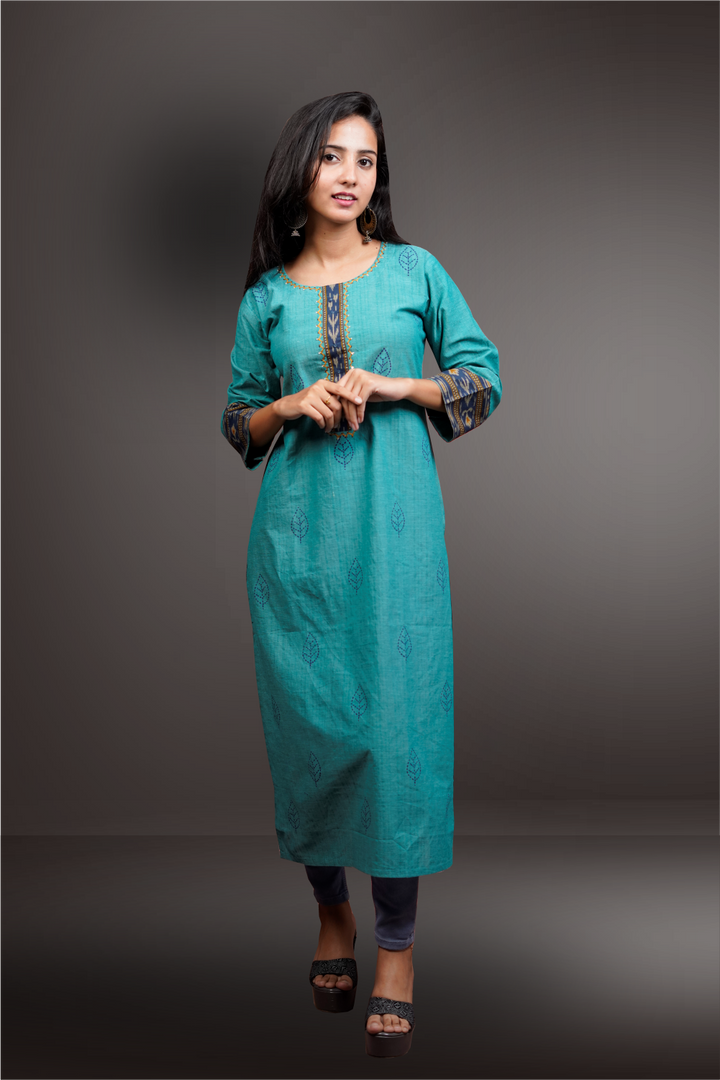 Blue Color Cotton Handloom Printed Straight Cut Kurtie