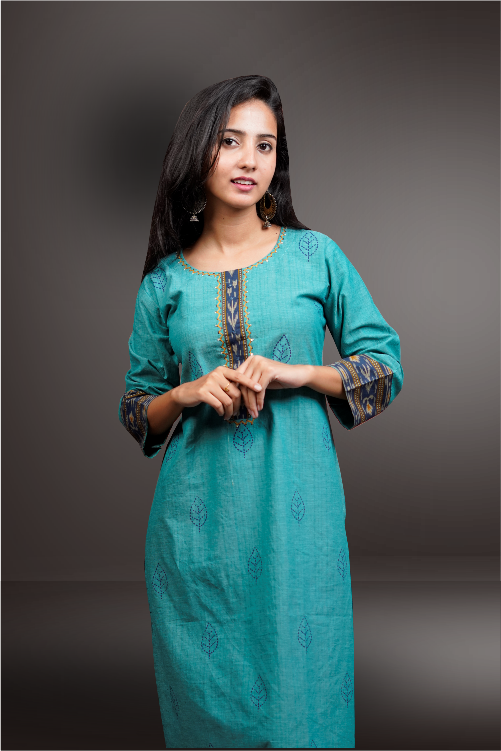 Blue Color Cotton Handloom Printed Straight Cut Kurtie