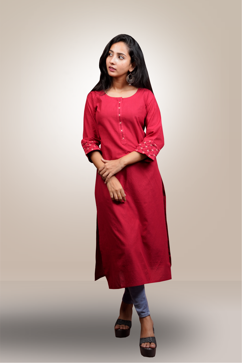 Red Color Cotton Handloom Printed Kurtie