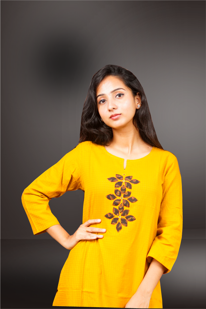 Mustard Color Cotton Hand Block Printed Worked Kurtie