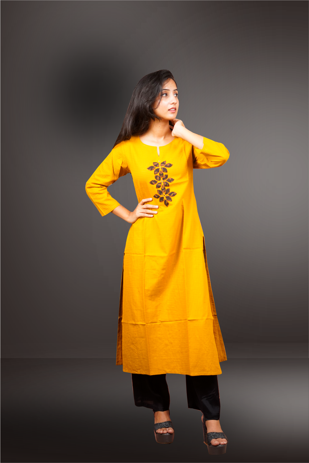 Mustard Color Cotton Hand Block Printed Worked Kurtie