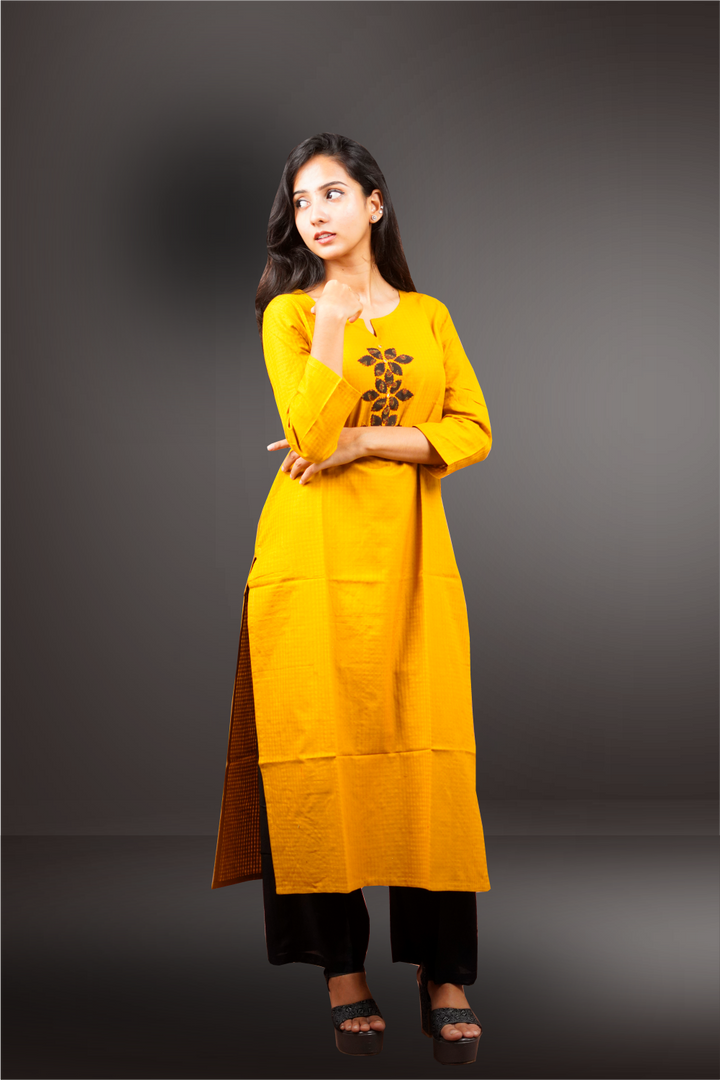 Mustard Color Cotton Hand Block Printed Worked Kurtie