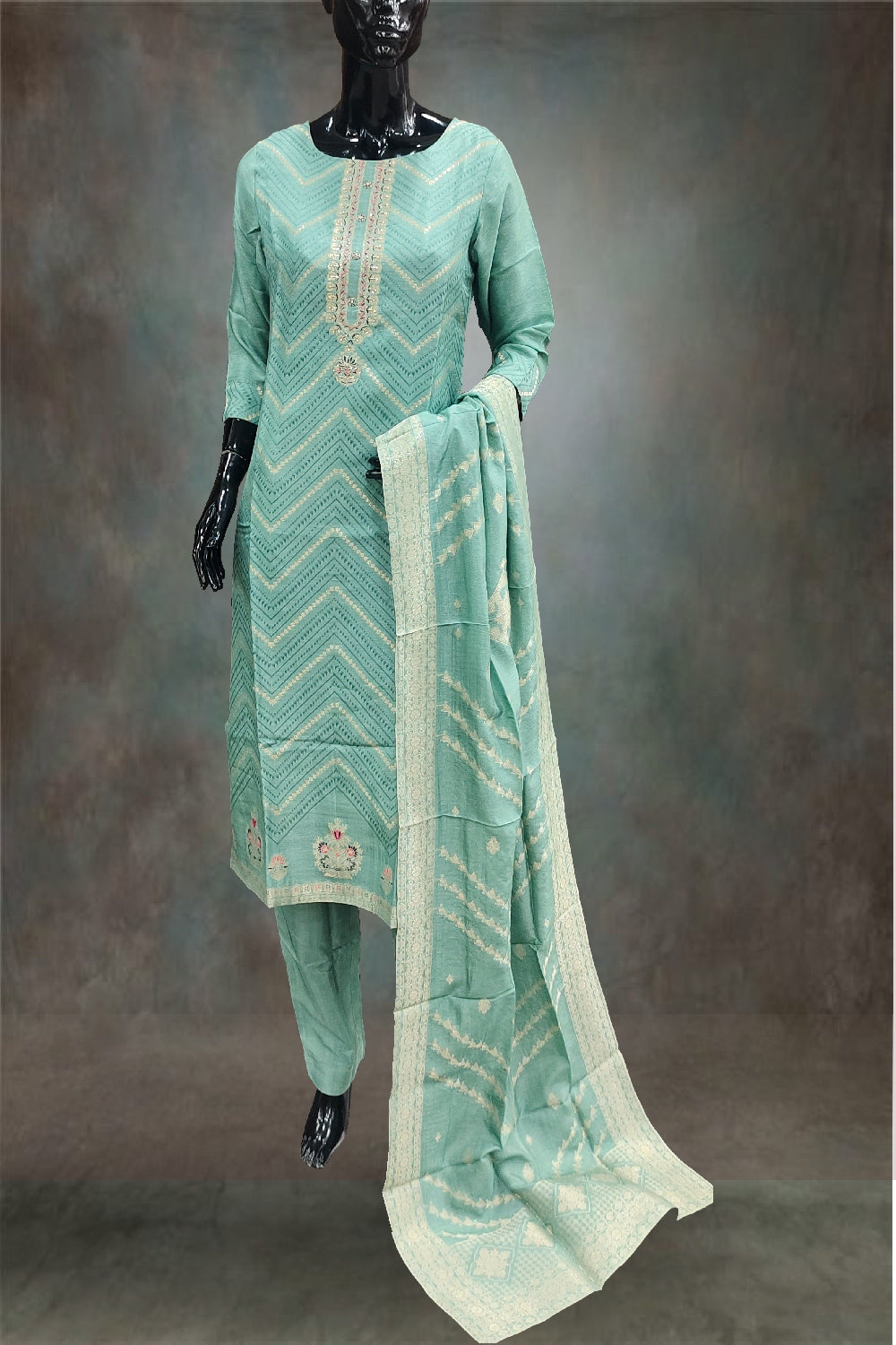 Silk Zari Weaving with Thread Embroidered Salwar Kameez