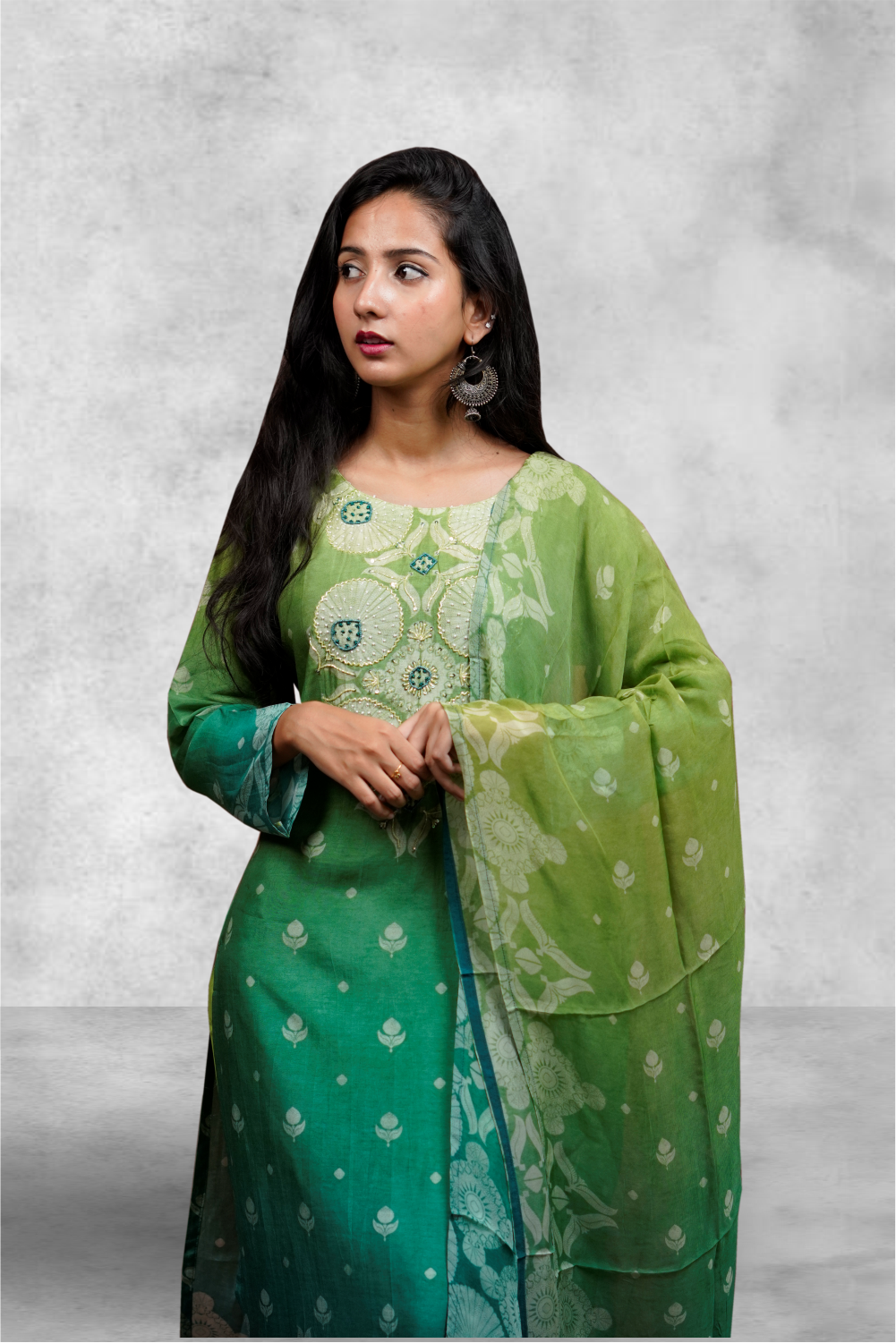 Green Color Chanderi Printed With Beads Worked Salwar Kameez