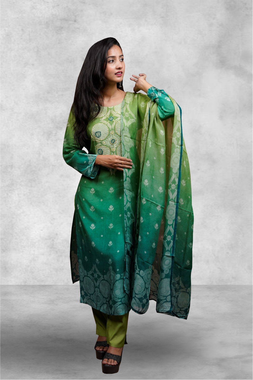 Green Color Chanderi Printed With Beads Worked Salwar Kameez