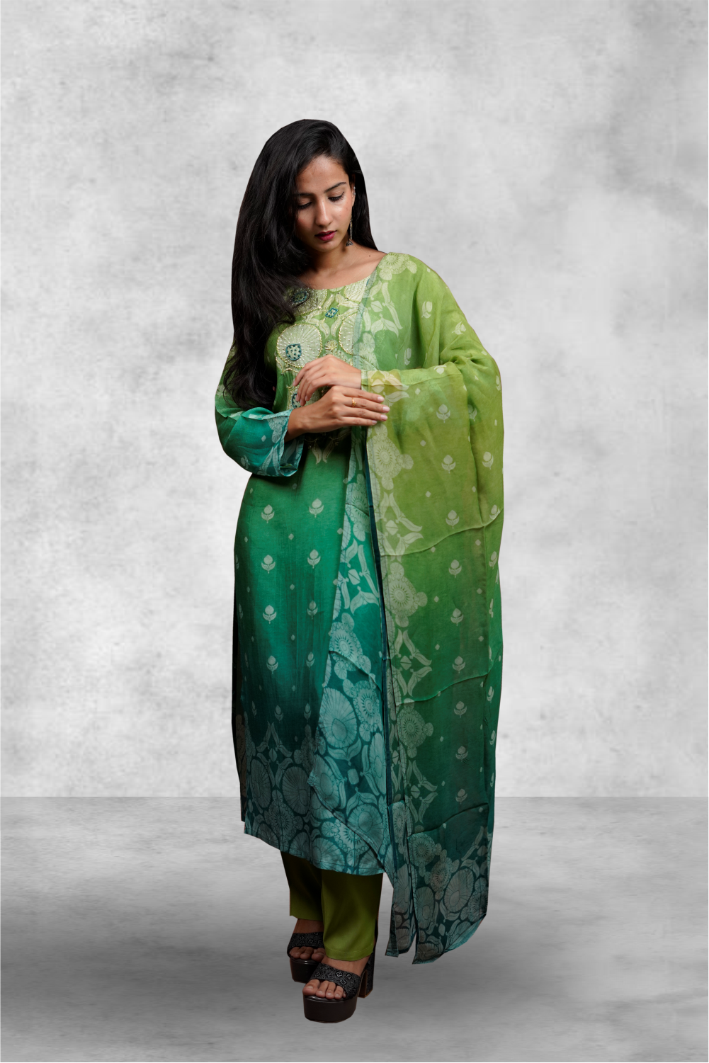 Green Color Chanderi Printed With Beads Worked Salwar Kameez