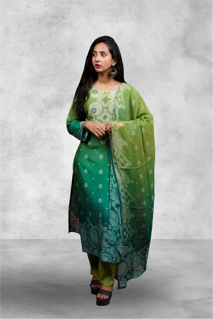 Green Color Chanderi Printed With Beads Worked Salwar Kameez