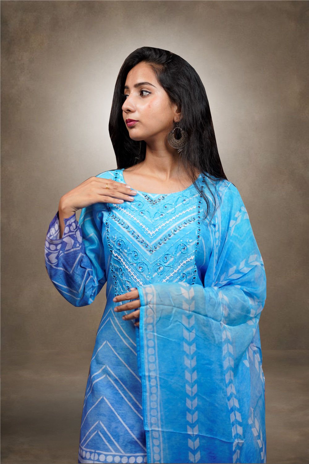 Sea Blue Color Crepe Based Beads Worked Salwar Kameez