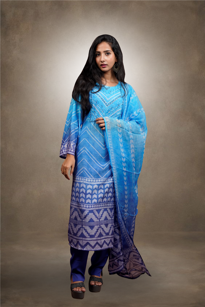 Sea Blue Color Crepe Based Beads Worked Salwar Kameez