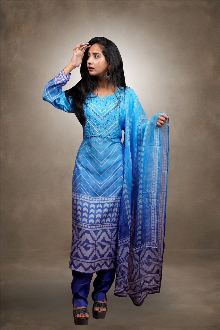 Sea Blue Color Crepe Based Beads Worked Salwar Kameez