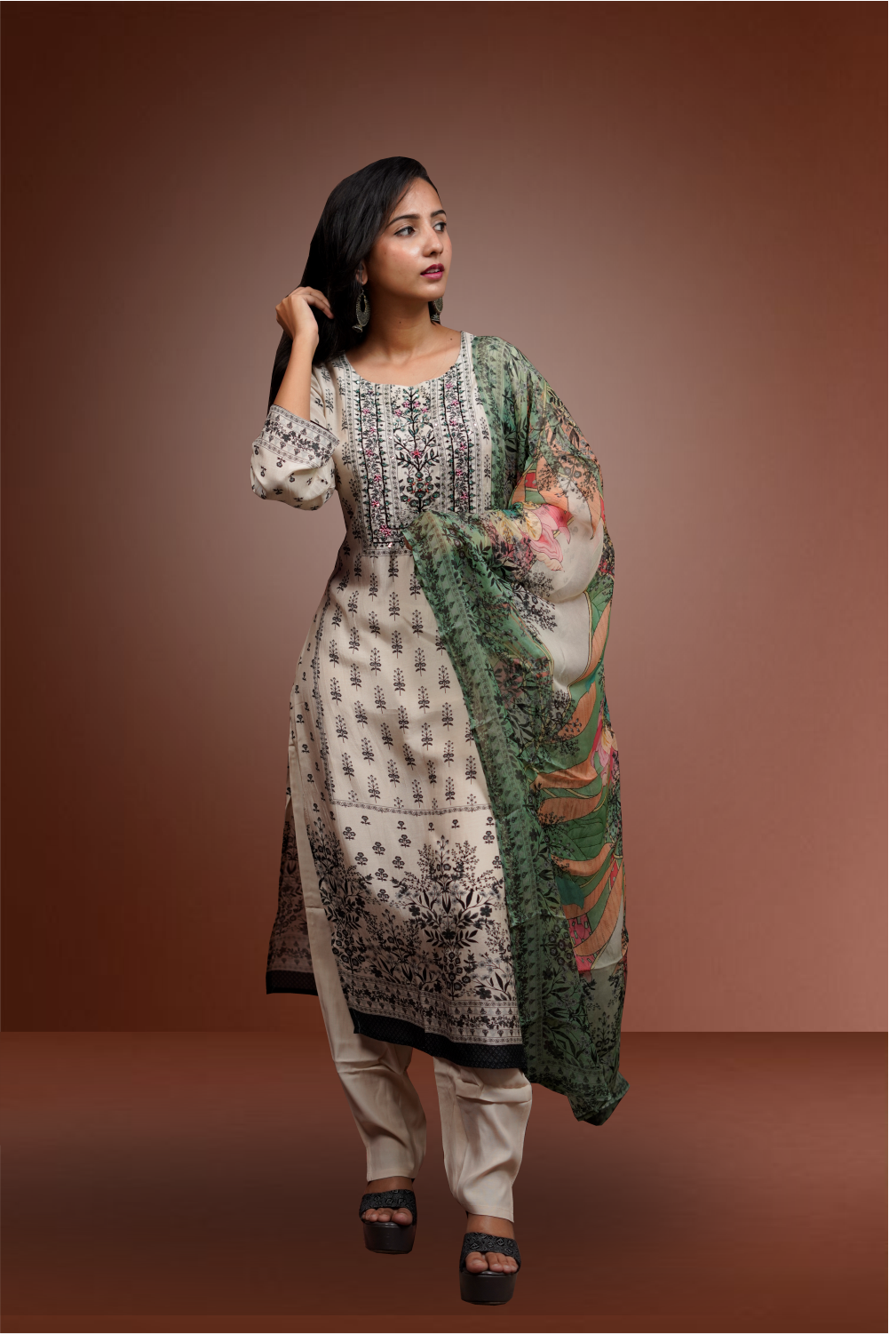 Cream color Printed Worked Straight Cut Salwar Kameez