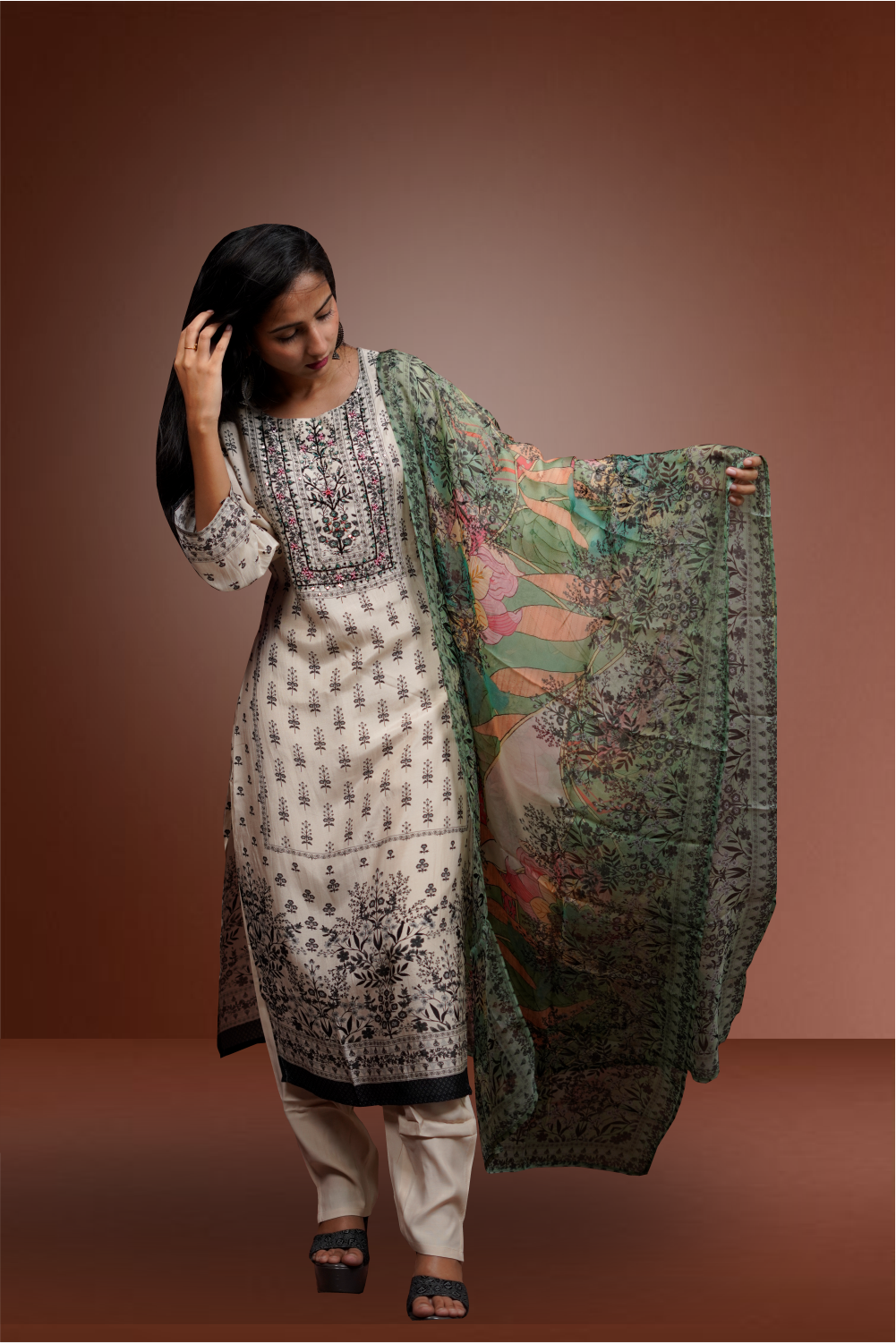 Cream color Printed Worked Straight Cut Salwar Kameez