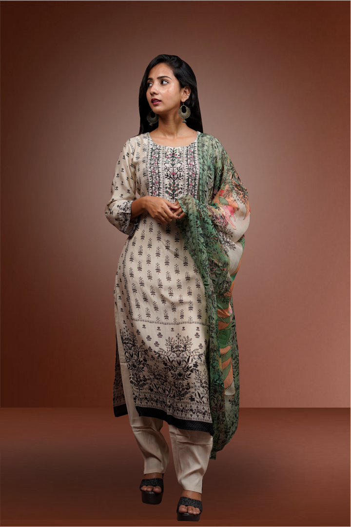 Cream color Printed Worked Straight Cut Salwar Kameez