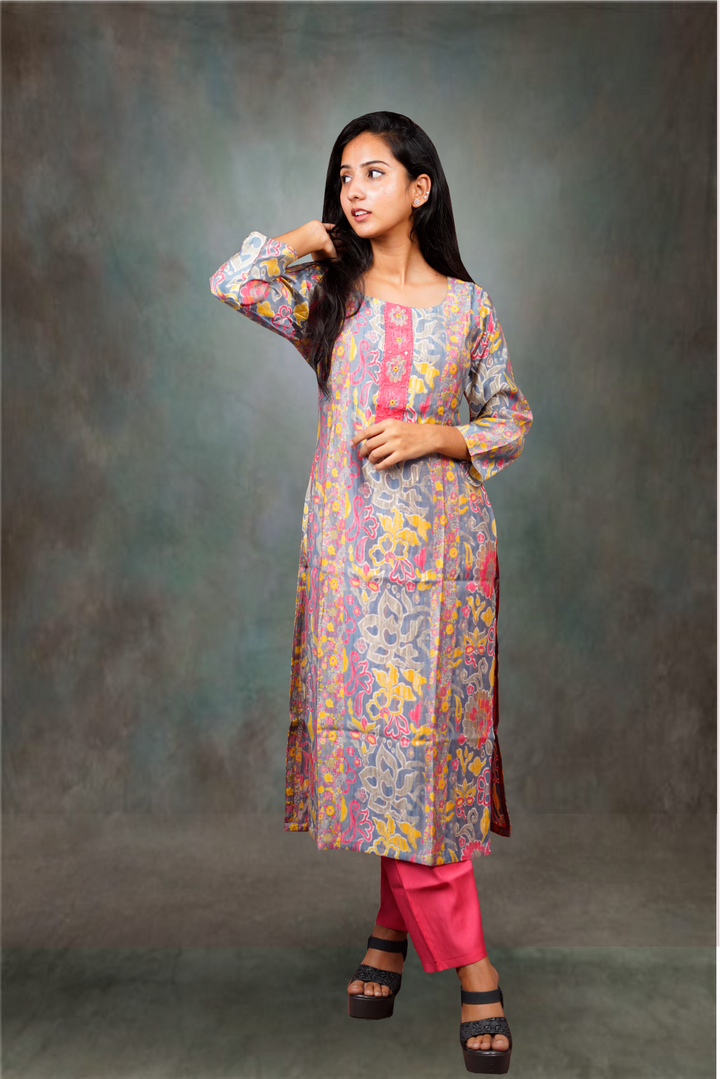 Multicolor With Grey Base Chanderi Silk Salwar Kameez