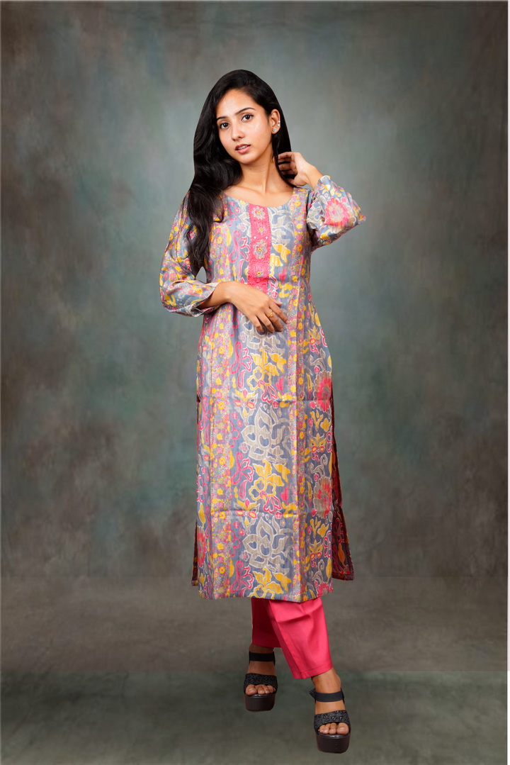 Multicolor With Grey Base Chanderi Silk Salwar Kameez