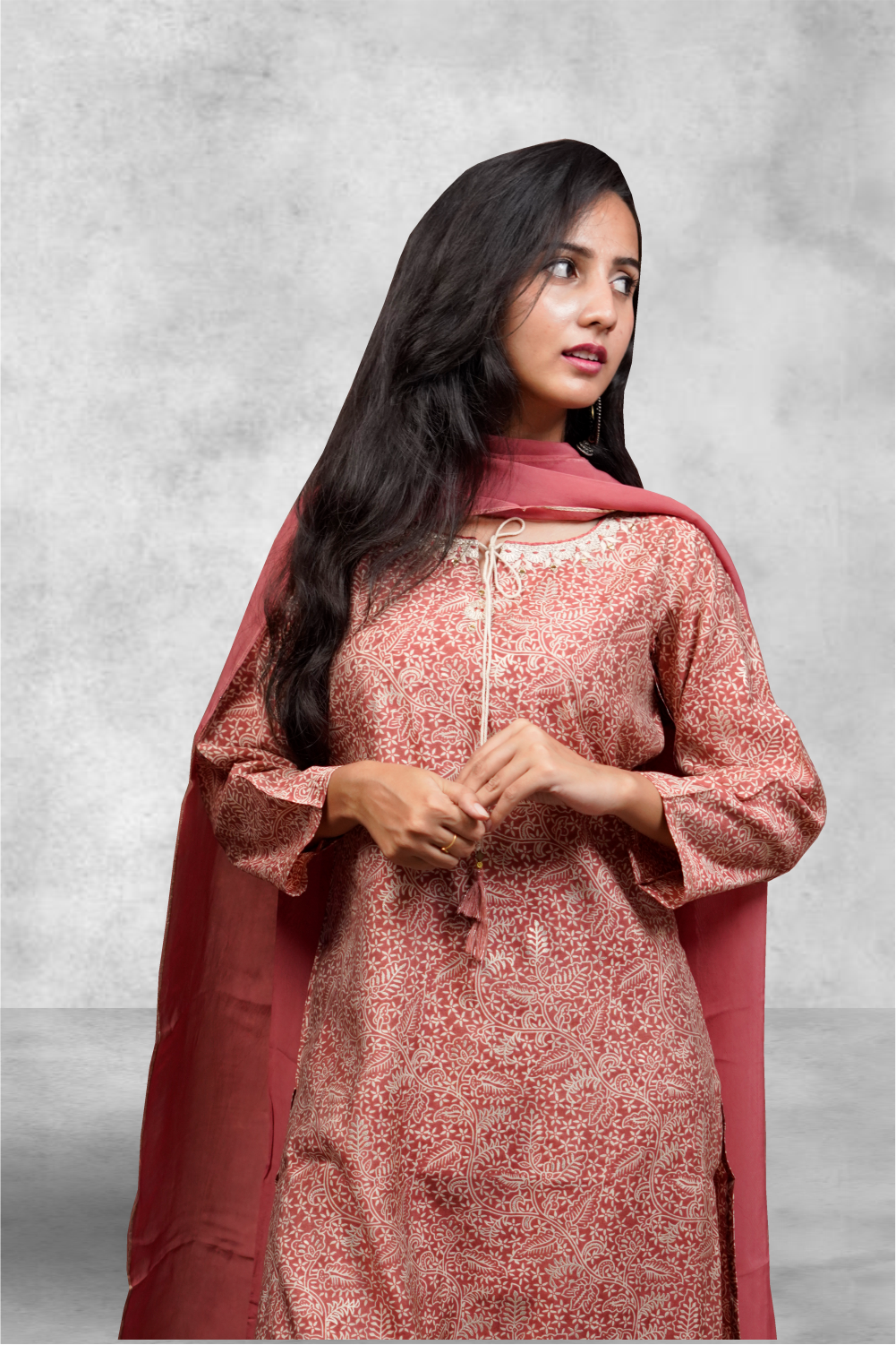 Brick Red Color Rust Chanderi Printed Salwar Kameez