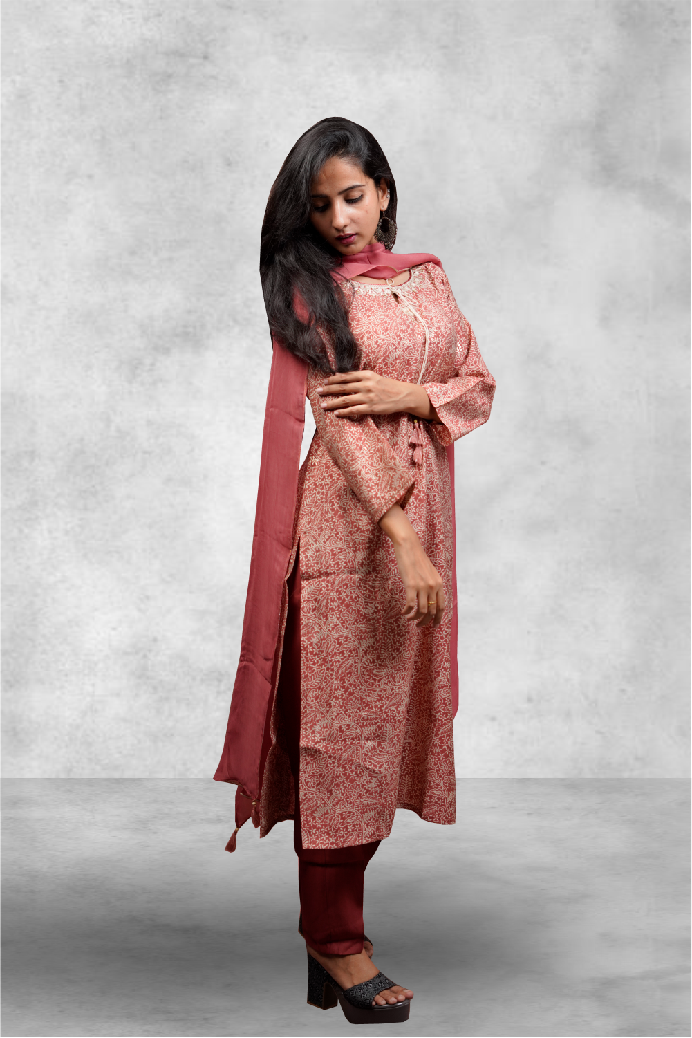 Brick Red Color Rust Chanderi Printed Salwar Kameez