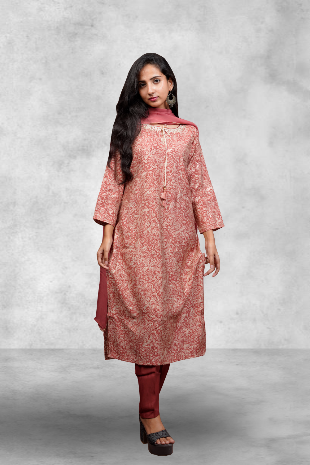 Brick Red Color Rust Chanderi Printed Salwar Kameez