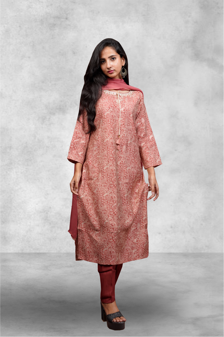 Brick Red Color Rust Chanderi Printed Salwar Kameez