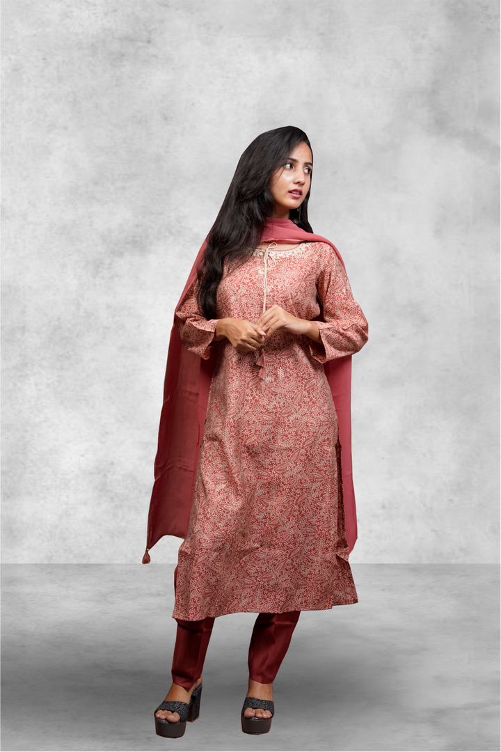 Brick Red Color Rust Chanderi Printed Salwar Kameez