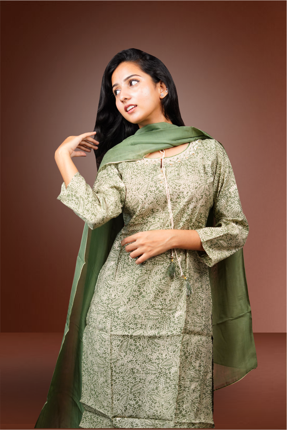 Green Russian Silk Floral Printed Salwar Kameez