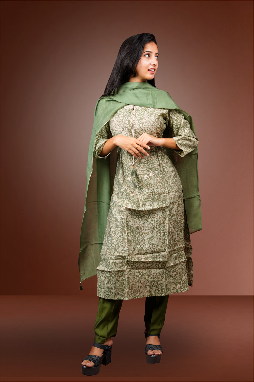 Green Russian Silk Floral Printed Salwar Kameez