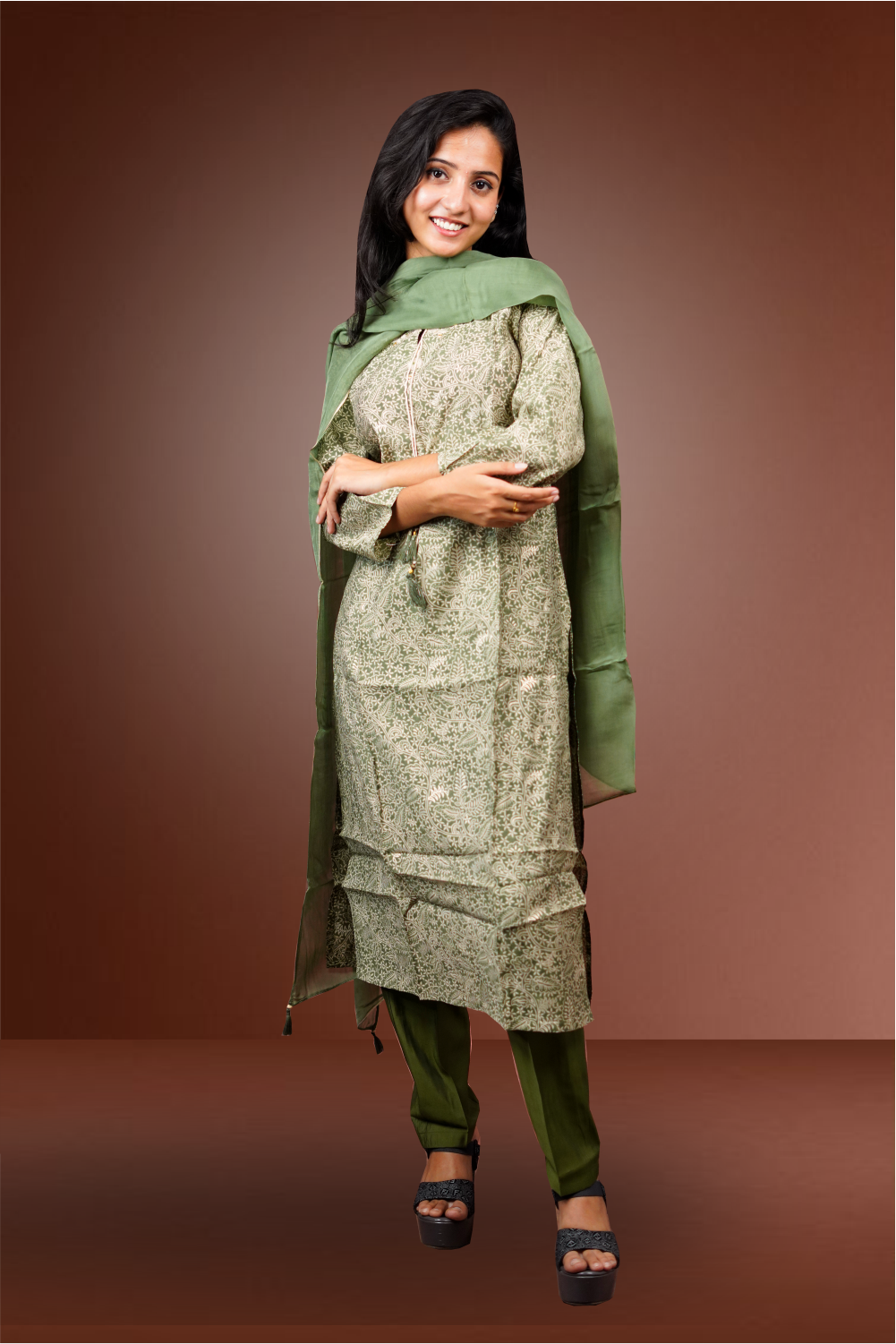 Green Russian Silk Floral Printed Salwar Kameez