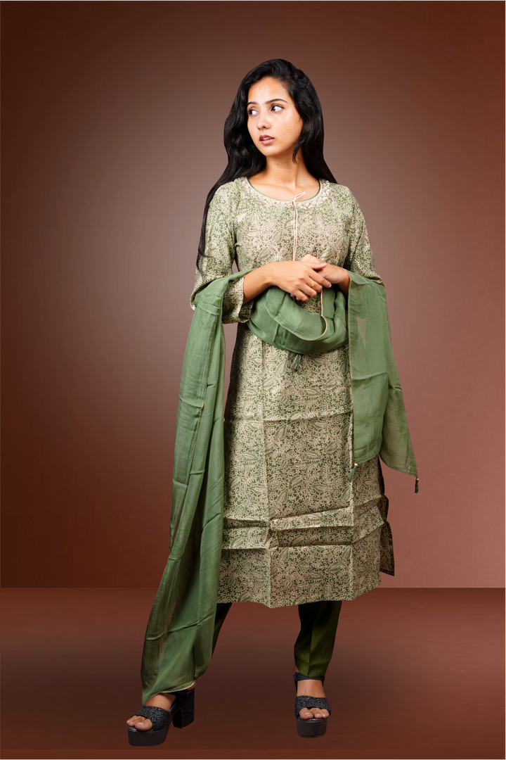 Green Russian Silk Floral Printed Salwar Kameez