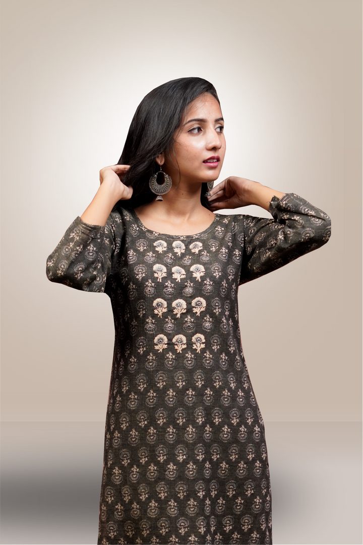 Black Color Cotton Block Printed Neck Embroidered Salwar Kameez