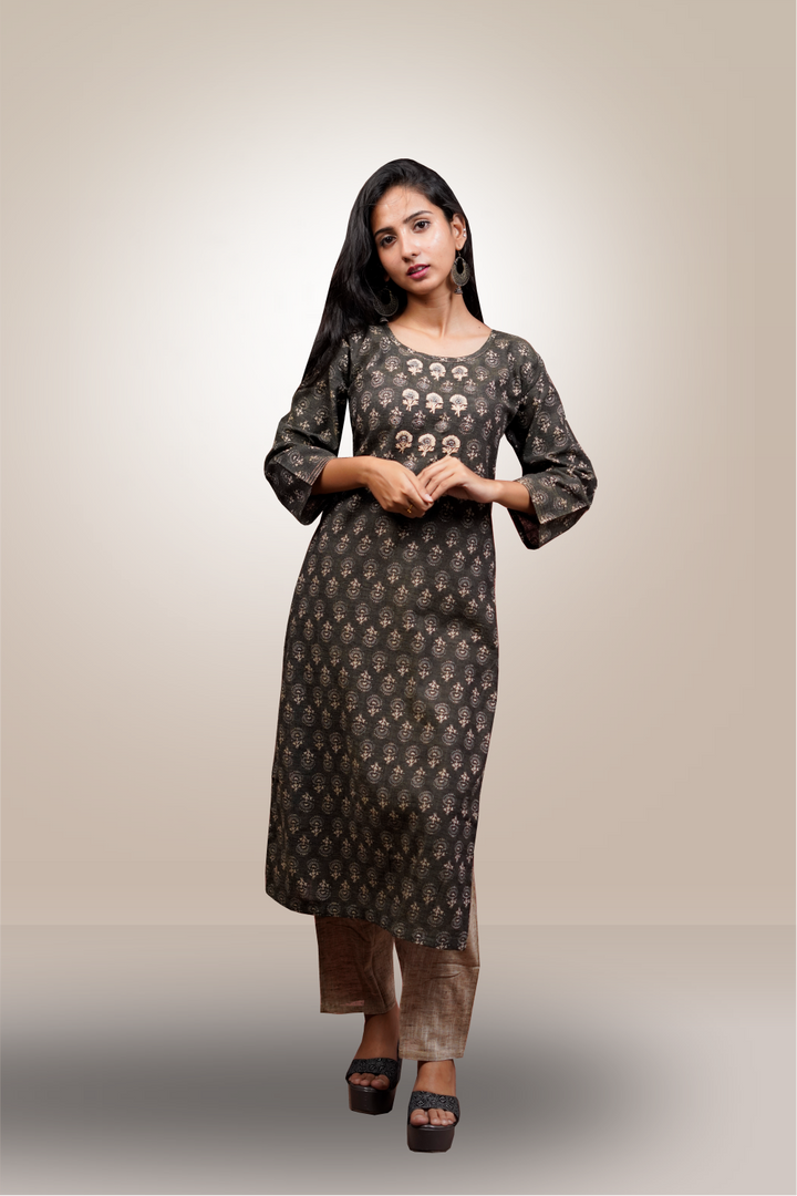 Black Color Cotton Block Printed Neck Embroidered Salwar Kameez