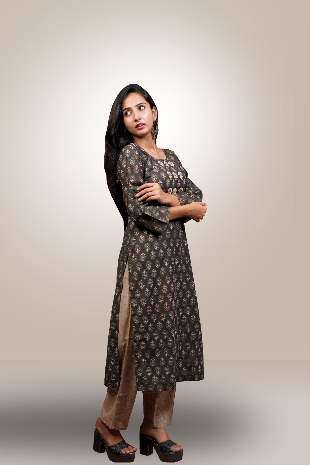 Black Color Cotton Block Printed Neck Embroidered Salwar Kameez