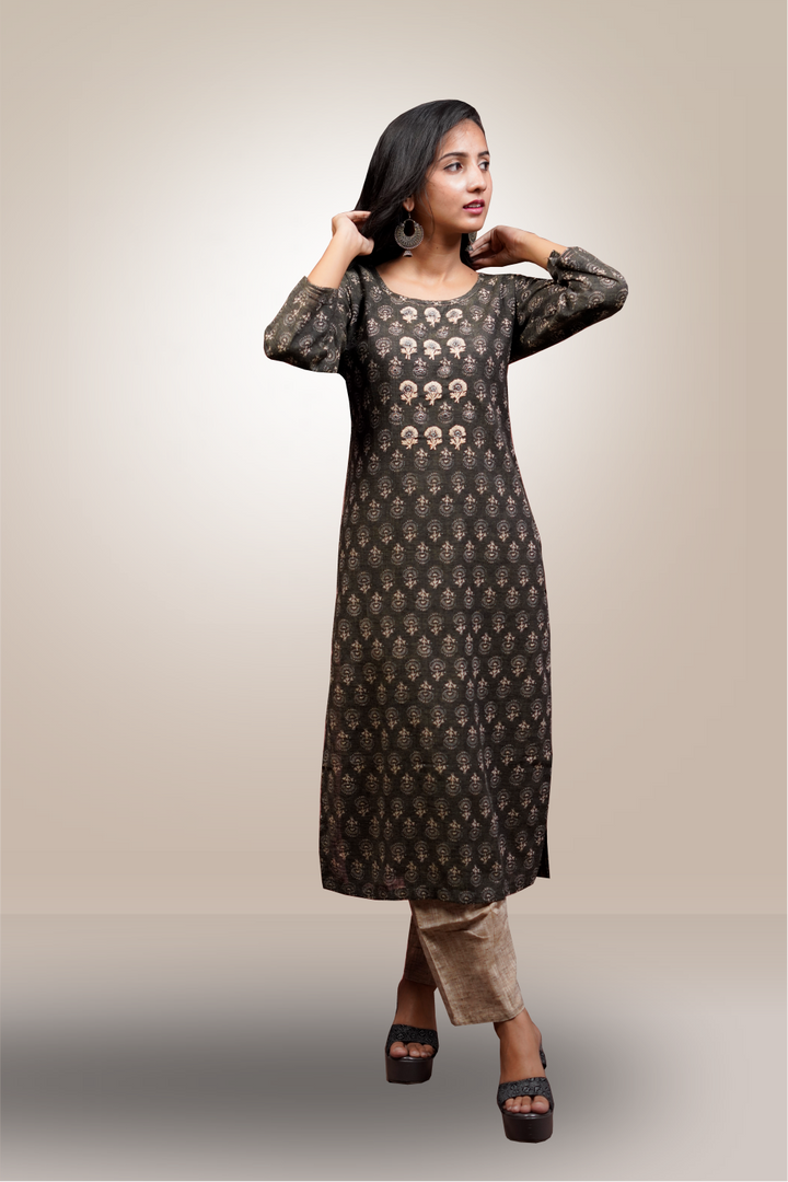 Black Color Cotton Block Printed Neck Embroidered Salwar Kameez