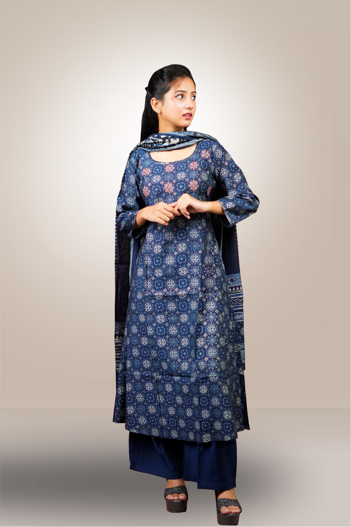 Blue Cinon Silk Floral Printed Straight Cut Salwar Kameez