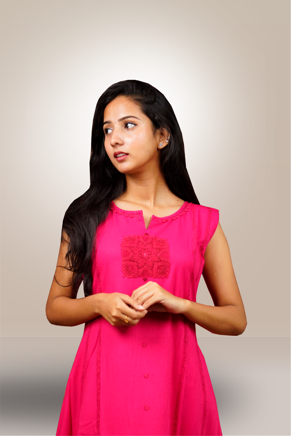 Dark Pink Cotton Viscose Thread Embroidery Worked Kurtie