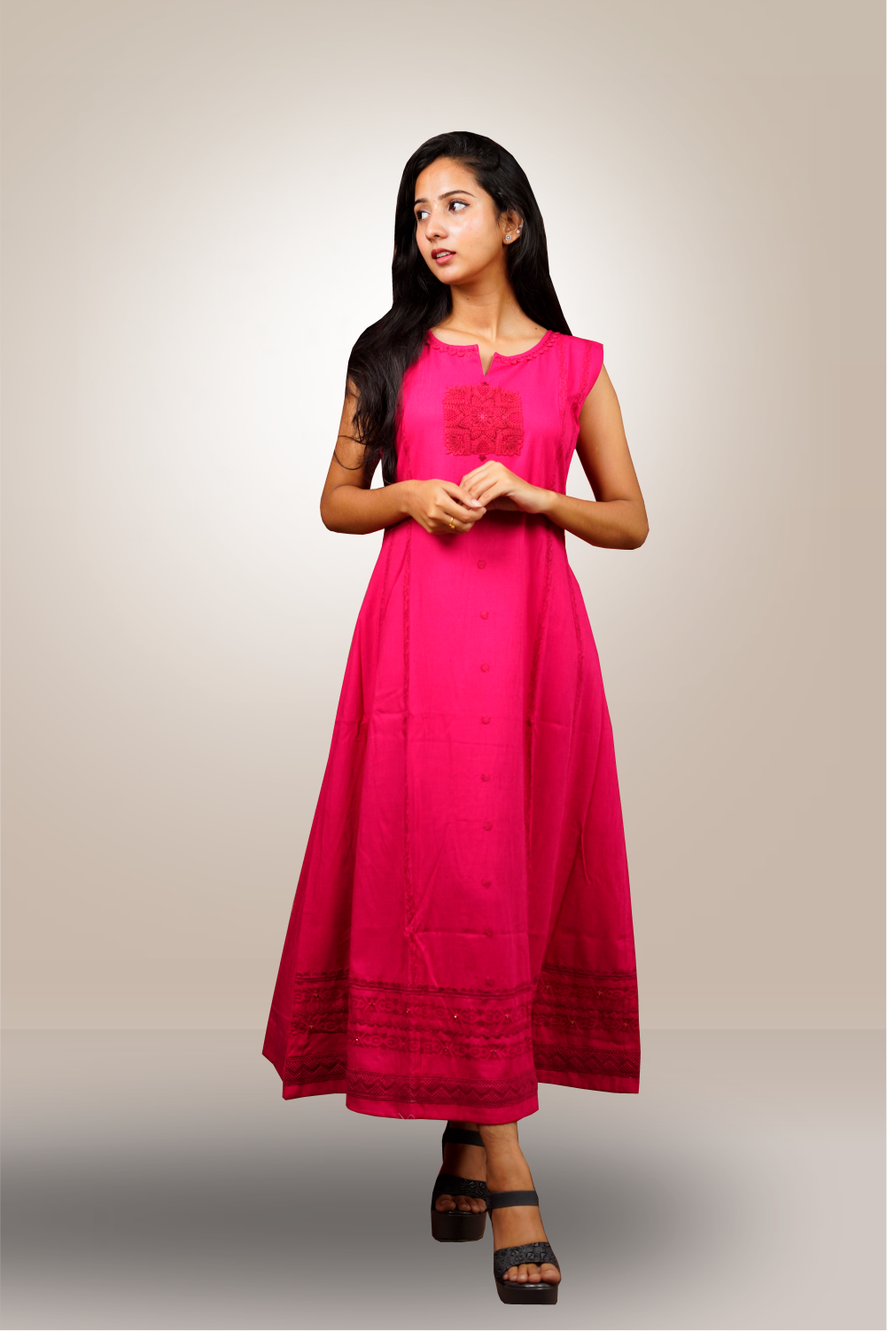 Dark Pink Cotton Viscose Thread Embroidery Worked Kurtie