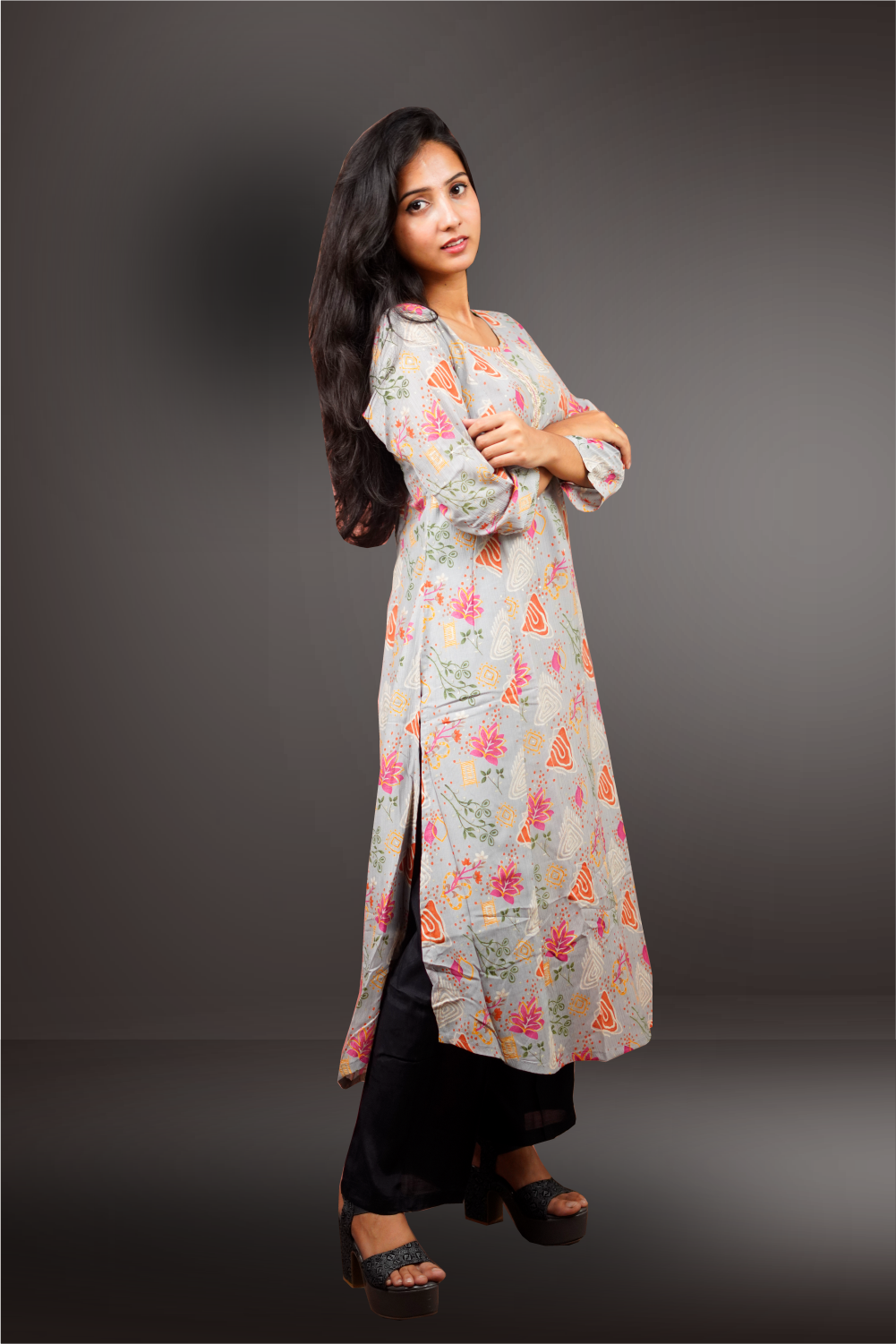 Grey Color Royal Georgette floral Painted Kurtie