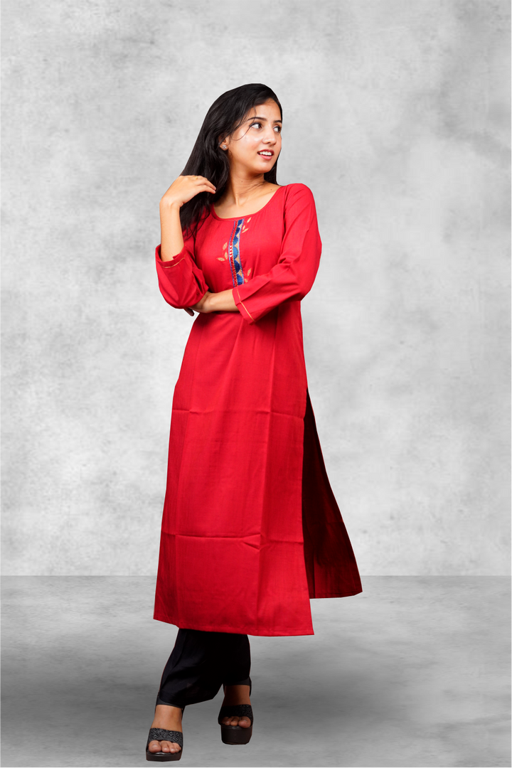 Red Color Cotton Viscose A-Line Cut Kurtie