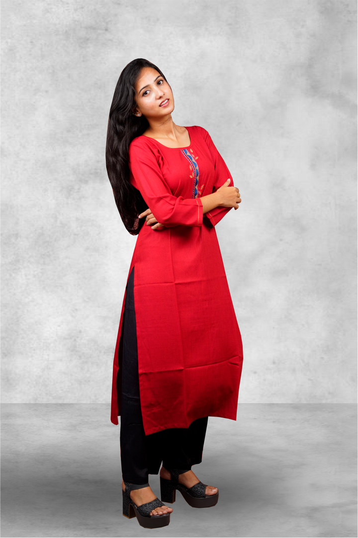 Red Color Cotton Viscose A-Line Cut Kurtie