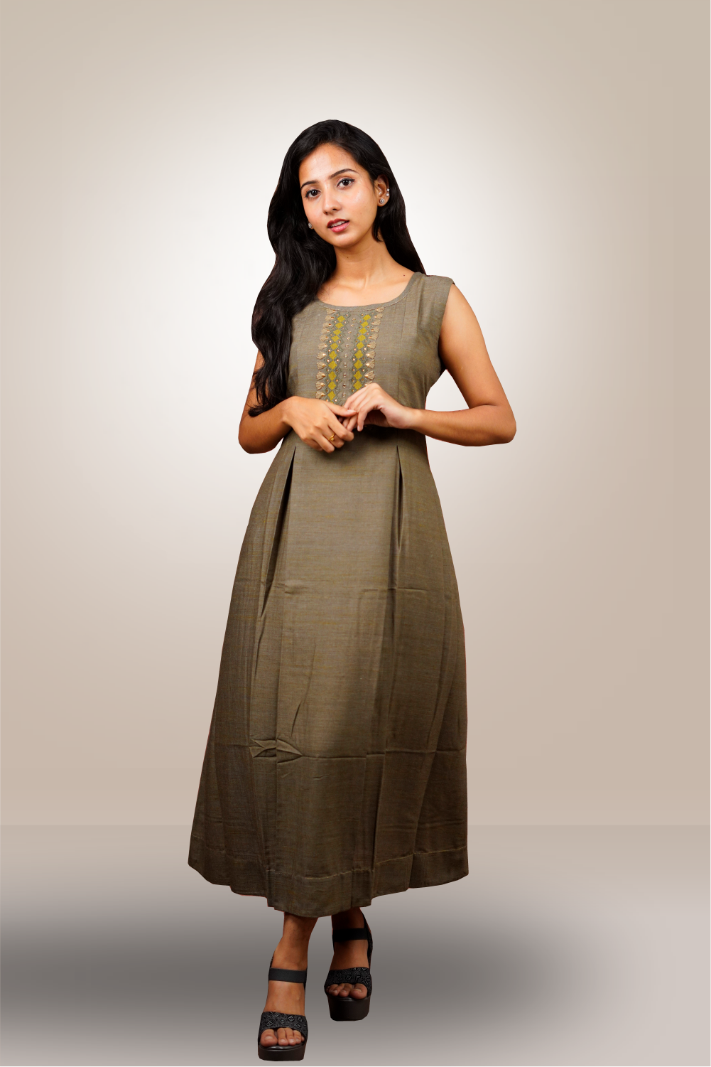 Olive Green color Cotton A-Line Cut Kurtie