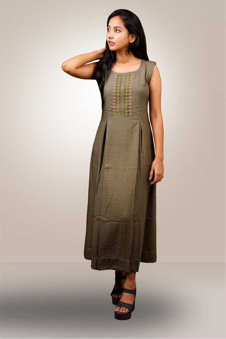 Olive Green color Cotton A-Line Cut Kurtie