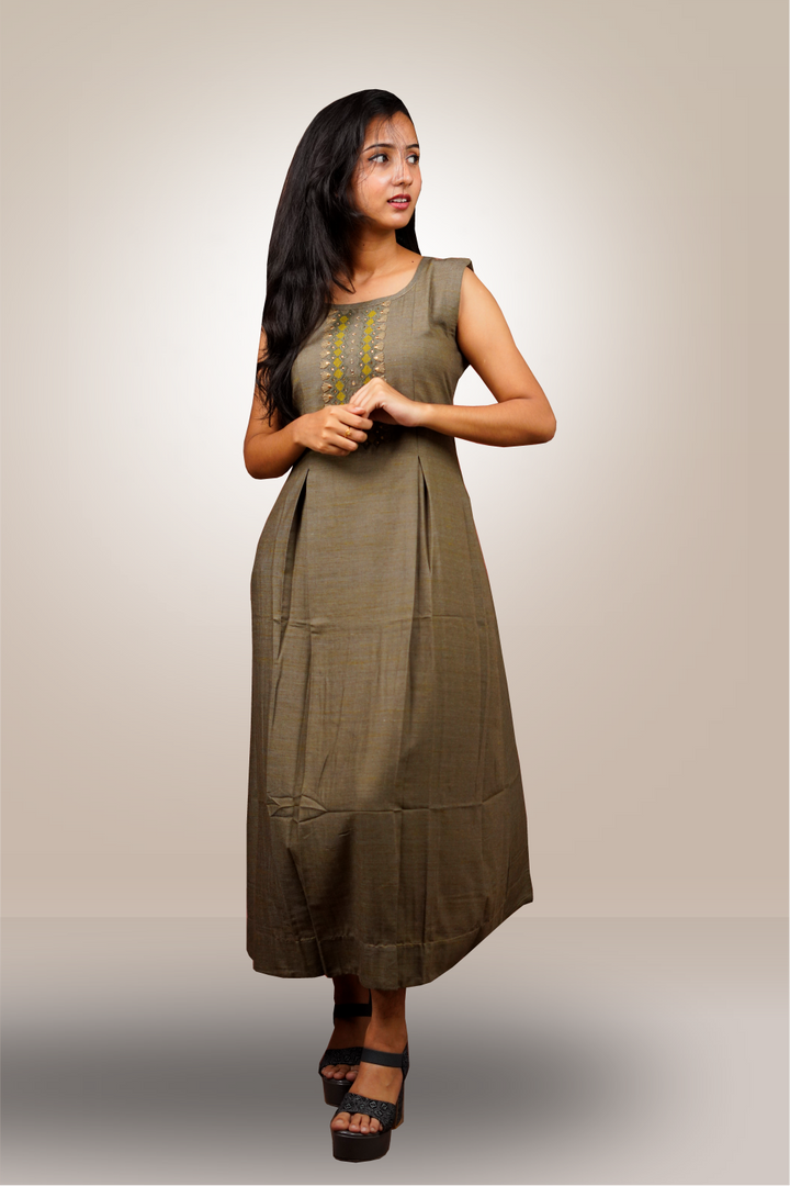 Olive Green color Cotton A-Line Cut Kurtie